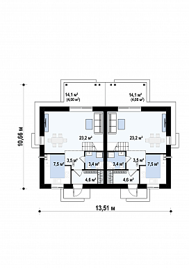 Проект двухсемейного дома из кирпича с 3 спальнями на мансарде / План 1 этажа