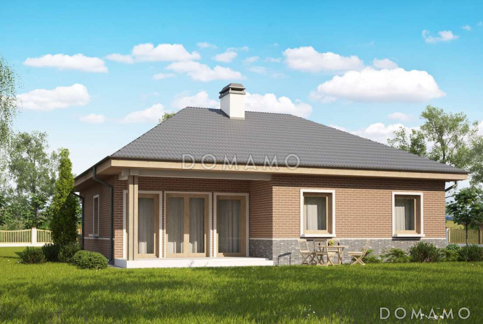 Проект одноэтажного дома из кирпича с кирпичными фасадами с тремя спальнями, светлой гостиной и угловым окном в кухне