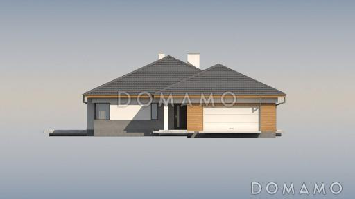 Проект одноэтажного просторного дома из кирпича с крытой террасой, эркером и гаражом для двух автомобилей / Фасад 3