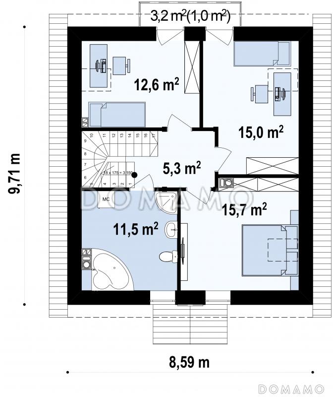 Проект классического мансардного дома из кирпича с кабинетом, с эркером и балконом / План мансардного этажа