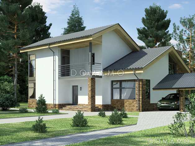 Проект дома с навесом на два автомобиля, гостиной с камином, крытой террасой