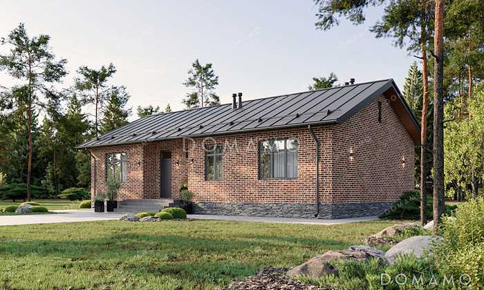 Проект одноэтажного дома с двускатной крышей, 4 спальнями и совмещенной кухней-гостиной