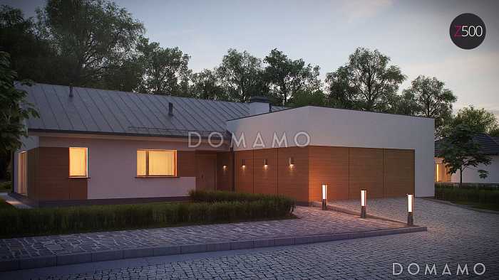 Проект просторного одноэтажного дома из кирпича с тремя спальнями и пристроенным гаражом на два автомобиля