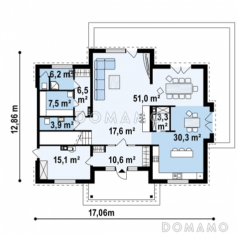 Проект большого двухэтажного дома из кирпича с четырьмя спальнями, сауной и просторной дневной зоной / План 1 этажа