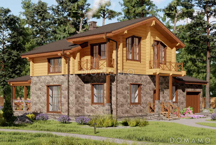 Проект двухэтажного дома из каменных блоков и бруса, с тремя балконами и террасой