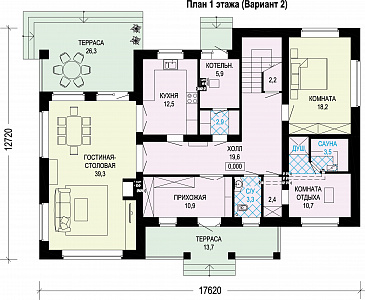 Двухэтажный загородный дом из кирпича / План 1 этажа