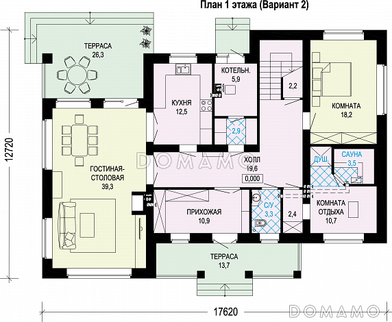 Двухэтажный загородный дом из кирпича / План 1 этажа