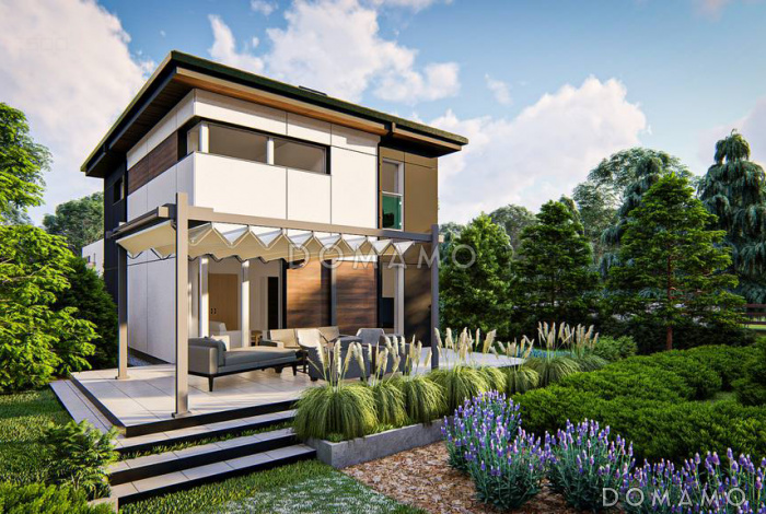 Проект двухэтажного дома с террасой, кухней-столовой, тремя спальнями