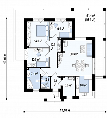 Проект современного одноэтажного дома из кирпича с плоской крышей с тремя спальнями и частично крытой террасой / План 1 этажа