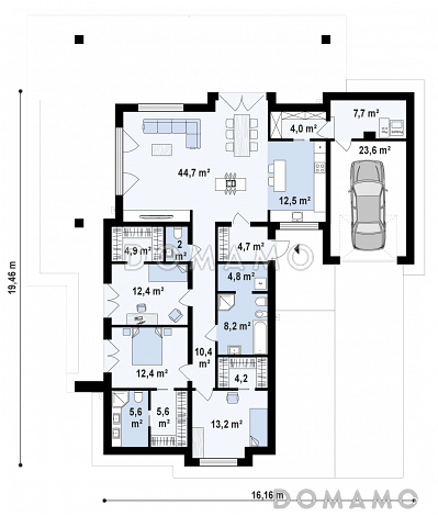 Проект одноэтажного дома из газобетона с просторной гостиной, тремя спальнями и гаражом / План 1 этажа