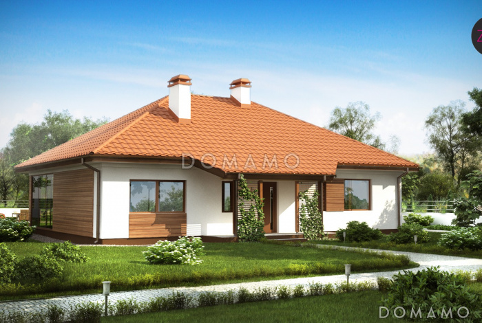 Проект одноэтажного дома из кирпича с крытой террасой и оранжереей