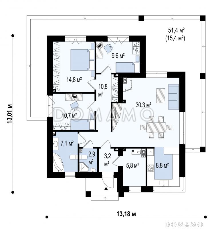 Проект современного одноэтажного дома из кирпича с плоской крышей с тремя спальнями и частично крытой террасой / План 1 этажа