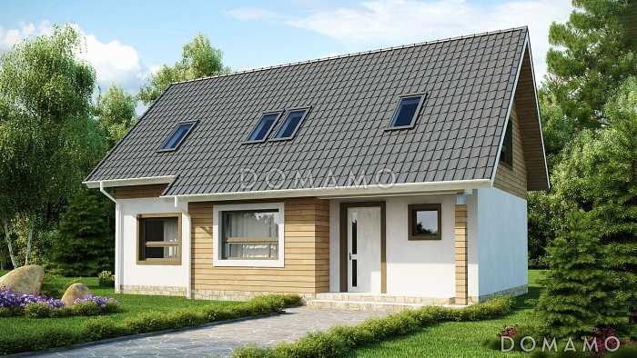 Проект загородного дома с камином в гостиной, террасой, кладовой под лестницей, мансардо