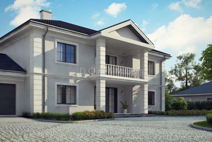 Проект большого двухэтажного дома из газобетона с четырьмя спальнями, гаражом, сауной и просторной дневной зоной