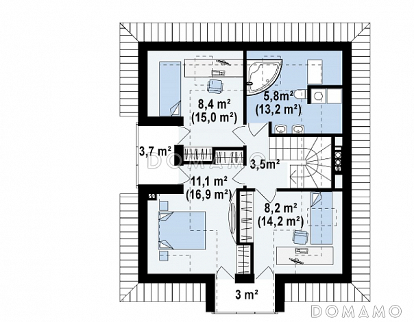 Проект небольшого одноэтажного мансардного дома из кирпича с балконами на фронтоне и частично крытой террасой   / План мансардного этажа