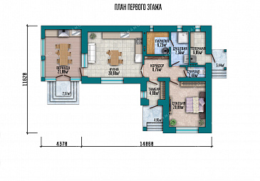 Проект бани с большой кухней, спальней и зоной отдыха с барбекю на веранде / План 1 этажа