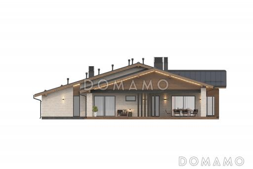 Проект современного дома с сауной, крытой террасой с барбекю, навесом для двух машин и 4 спальнями / Фасад 3