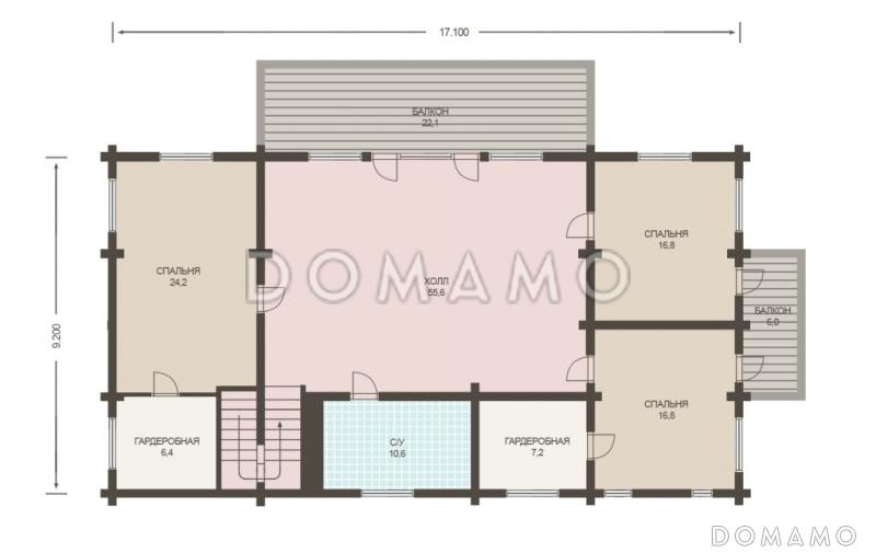 Проект деревянного дома из клееного бруса с огромным холом и тремя спальнями на втором этаже / План 2 этажа