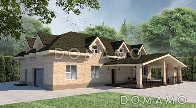 Проект двухэтажного дома с гаражем, тремя спальнями и просторной крытой террасой