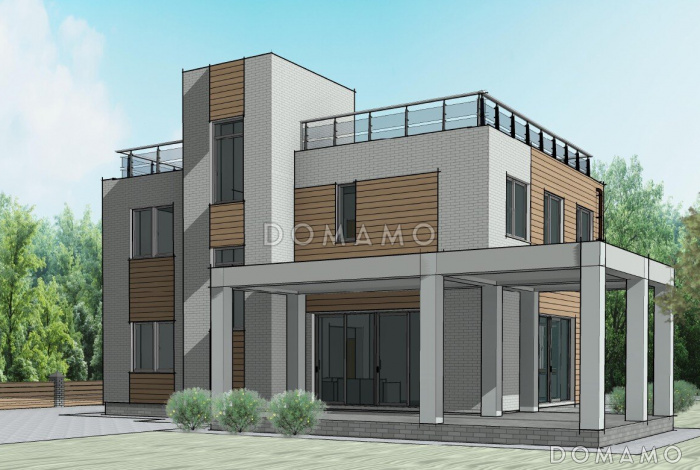 Проект загородного дома с просторной кухней-гостиной, кабинетом и сауной на втором этаже