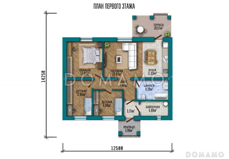 Проект одноэтажного дома, облицованного кирпичом, с тремя спальнями и террасой / План 1 этажа