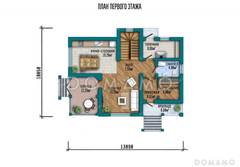 Проект двухэтажного дома с тремя спальнями и верандой / План 1 этажа