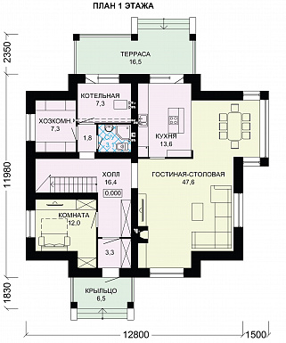 Проект двухэтажного дома из пеноблоков с крытой террасой / План 1 этажа
