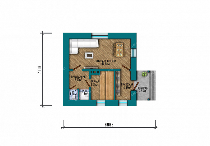 Проект компактной одноэтажной бани в классическом стиле с большой комнатой отдыха / План 1 этажа