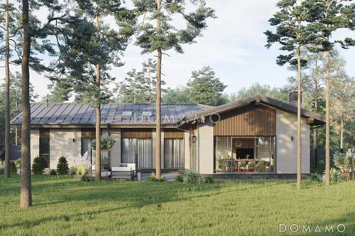 Проект одноэтажного дома из кирпича с крытой зоной для барбекю, навесом для двух машин, просторной дневной зоной и тремя спальнями