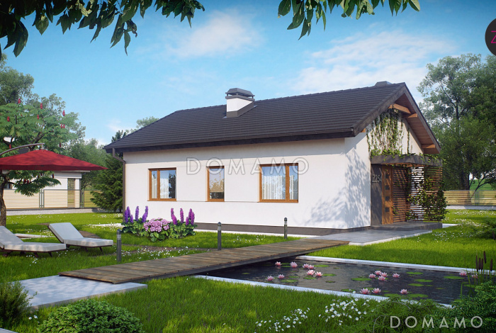 Проект компактного одноэтажного дома из газобетона с двумя спальнями, изолированной кухней и торцевым входом