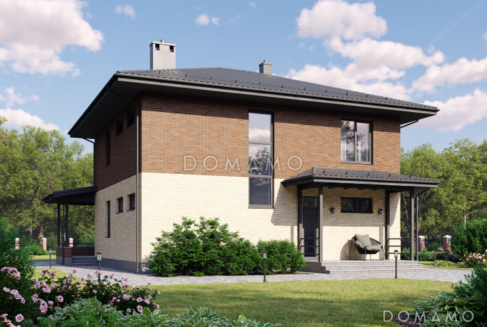 Проект двухэтажного кирпичного дома с мастер-спальней, гостевой внизу и террасой