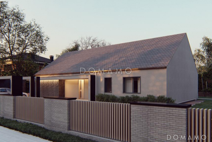 Проект одноэтажного современного дома с тремя спальными комнатами с общим санузлом, кабинетом, просторной дневной зоной