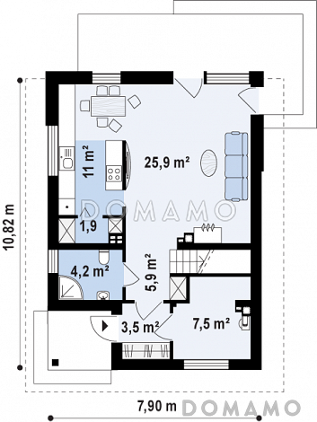 Проект компактного двухэтажного дома из газобетона с тремя спальнями с кирпичной облицовкой фасадов / План 1 этажа