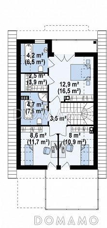 Проект одноэтажного мансардного дома из кирпича с тремя спальнями и террасой над гаражом / План мансардного этажа