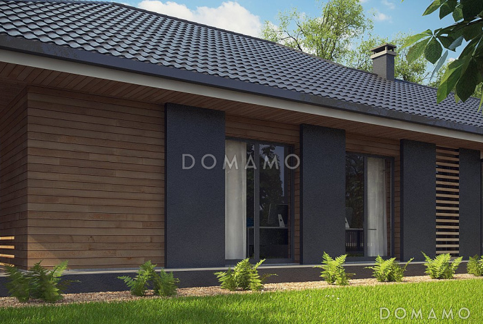 Проект одноэтажного дома из кирпича с тремя спальнями, гаражом на два автомобиля и уютной крытой террасой