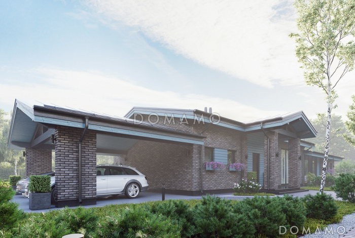 Проект одноэтажного кирпичного дома с комнатой отдыха, парной, двумя спальнями, совмещенной гостиной-кухней-столовой