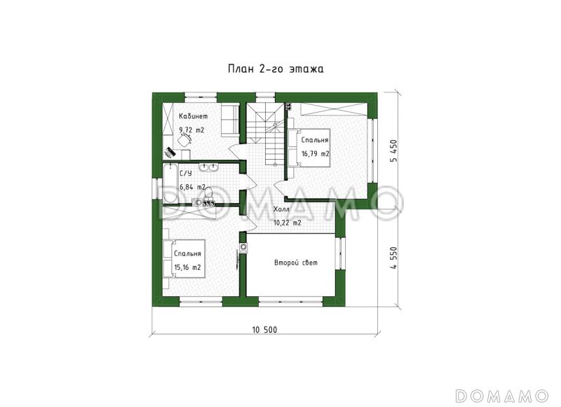 Проект двухэтажного дома из газобетона с окнами в пол и вторым светом / План 2 этажа