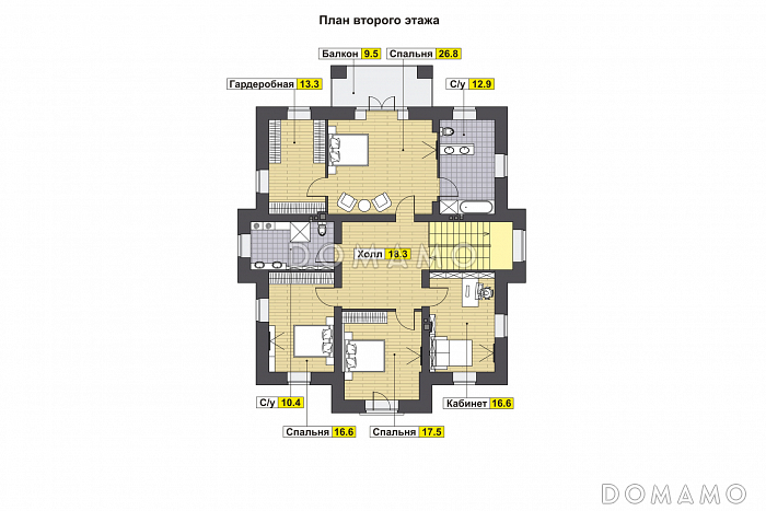 Проект дома с большой гостиной, санузлом, гостевой, хозяйской спальней с балконом / План 2 этажа