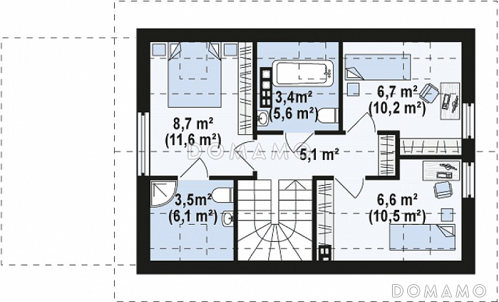 Проект компактного одноэтажного дома из газобетона с ночной зоной на мансардном этаже и с гаражом  / План мансардного этажа