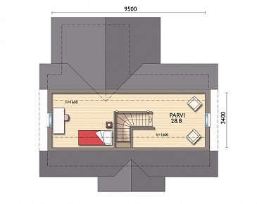 Проект каркасной сауны с спальней на мансардном этаже / План мансардного этажа