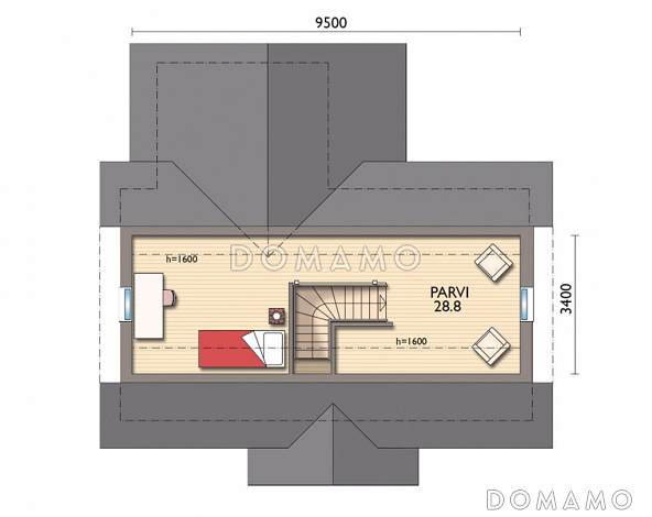 Проект каркасной сауны с спальней на мансардном этаже / План мансардного этажа