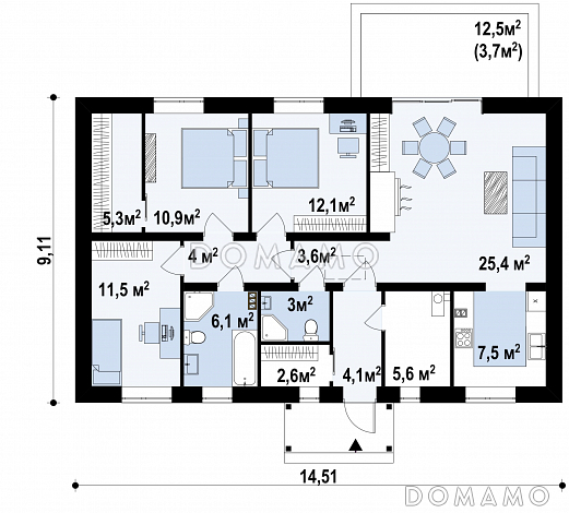 Проект уютного одноэтажного дома из газобетона с разделением дневной зоны и зоны отдыха / План 1 этажа