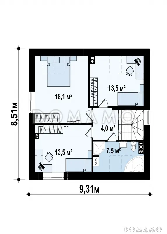 Проект небольшого одноэтажного мансардного дома из газобетона с тремя спальнями и крытой террасой  / План мансардного этажа