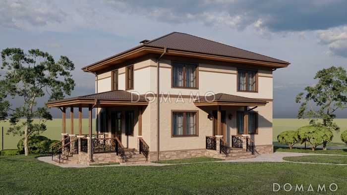 Проект двухэтажного дома с тремя спальнями на втором этаже и одной на первом этаже