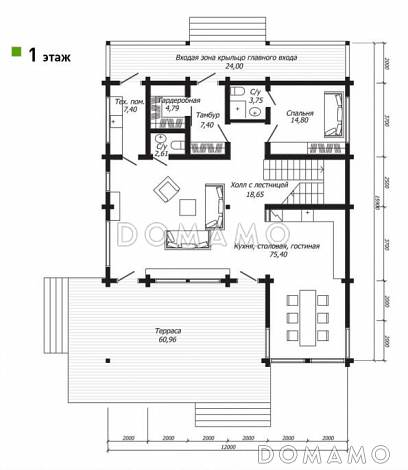 Проект двухэтажного дома из клееного бруса с роскошной террасой / План 1 этажа