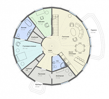 Проект круглого в плане дома с большими спальными комнатами / План 1 этажа