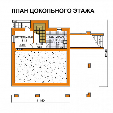 Проект дома с цокольным этажом и большой крытой террасой / План цокольного этажа