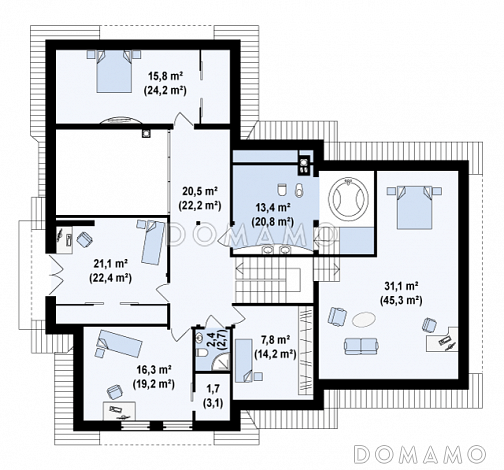 Проект просторного мансардного коттеджа из кирпича с пятью спальнями, кабинетом и гаражом / План мансардного этажа