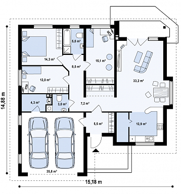 Проект одноэтажного дома с эркером и гаражом из газобетона со свободной планировкой мансардного этажа  / План 1 этажа