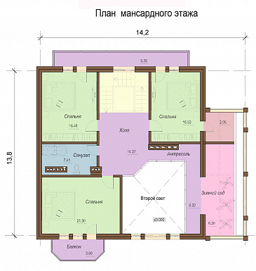 Проект одноэтажного коттеджа с цокольным и мансардным этажами, с зимним садом и вторым светом / План мансардного этажа